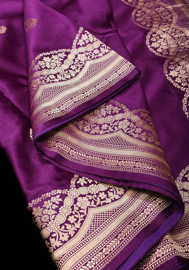 Banarasi Mashru Silk Saree in Plum with Zari Buttas and Scalloped border | SILK MARK CERTIFIED