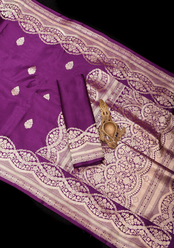 Banarasi Mashru Silk Saree in Plum with Zari Buttas and Scalloped border | SILK MARK CERTIFIED