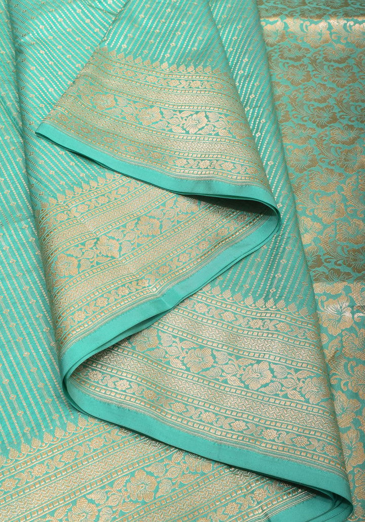 Stunning Banarasi Katan SIlk Saree in Seagreen with vertical stripes and Zari Borders| SILK MARK CERTIFIED