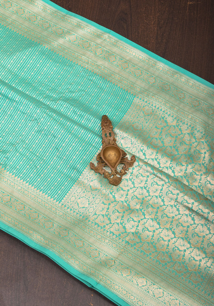 Stunning Banarasi Katan SIlk Saree in Seagreen with vertical stripes and Zari Borders| SILK MARK CERTIFIED