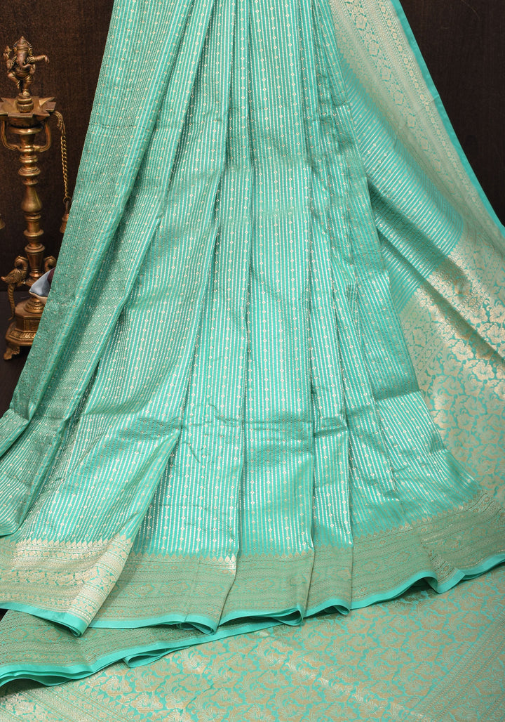 Stunning Banarasi Katan SIlk Saree in Seagreen with vertical stripes and Zari Borders| SILK MARK CERTIFIED