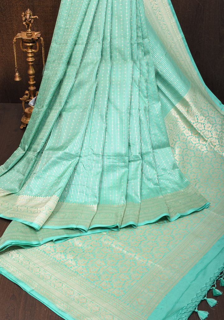 Stunning Banarasi Katan SIlk Saree in Seagreen with vertical stripes and Zari Borders| SILK MARK CERTIFIED