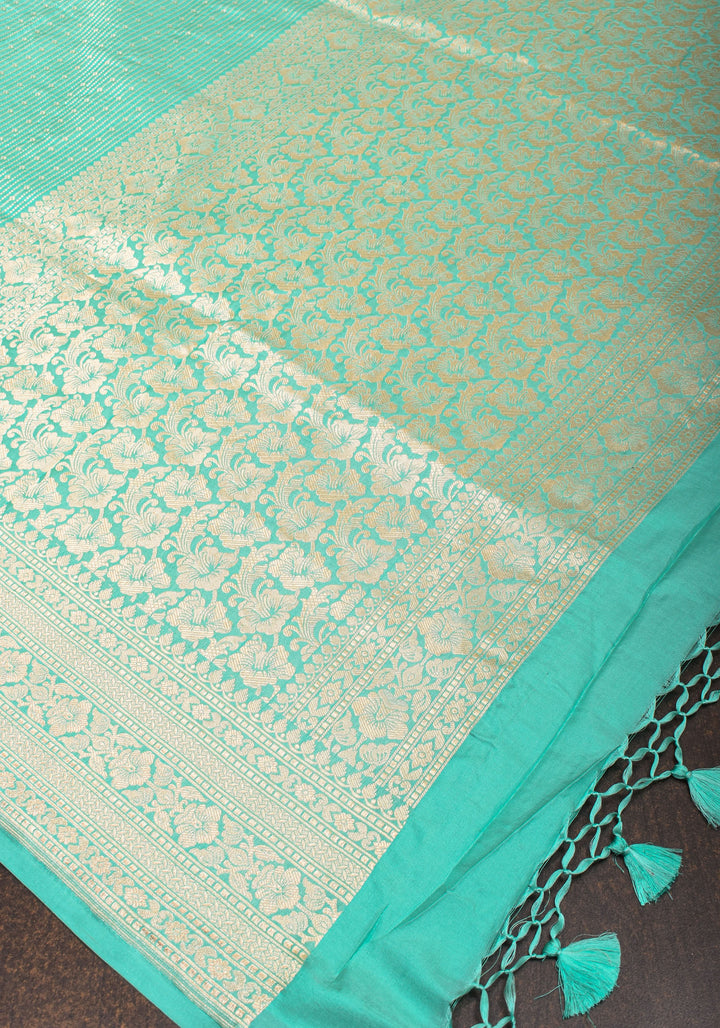 Stunning Banarasi Katan SIlk Saree in Seagreen with vertical stripes and Zari Borders| SILK MARK CERTIFIED