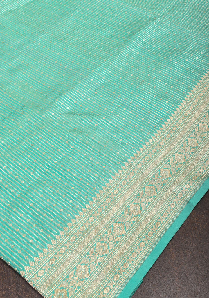 Stunning Banarasi Katan SIlk Saree in Seagreen with vertical stripes and Zari Borders| SILK MARK CERTIFIED
