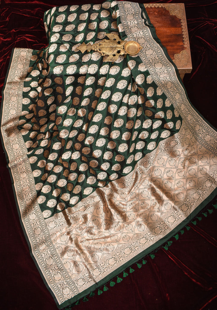 Forest Green Banarasi Katan Silk Saree with Floral Boutique inspired motifs and Zari Border | SILK MARK CERTIFIED