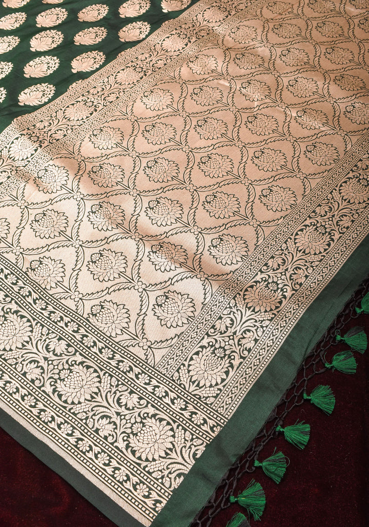 Forest Green Banarasi Katan Silk Saree with Floral Boutique inspired motifs and Zari Border | SILK MARK CERTIFIED
