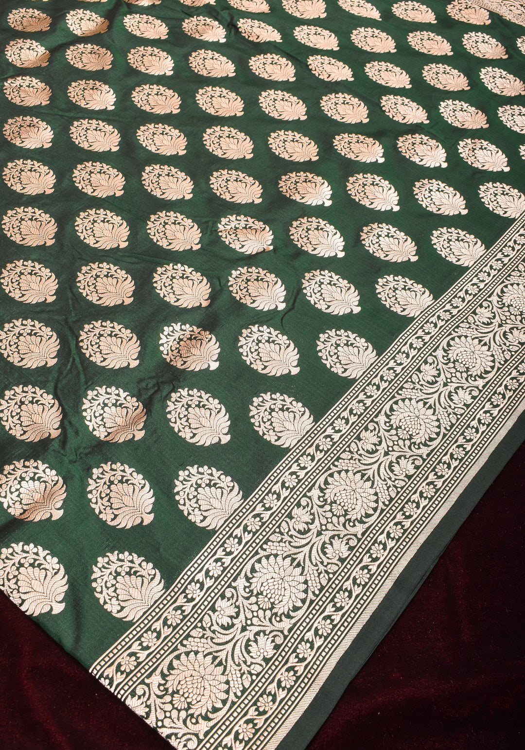 Forest Green Banarasi Katan Silk Saree with Floral Boutique inspired motifs and Zari Border | SILK MARK CERTIFIED