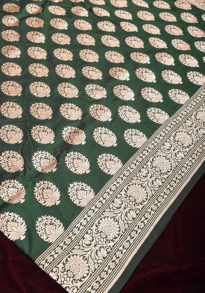 Forest Green Banarasi Katan Silk Saree with Floral Boutique inspired motifs and Zari Border | SILK MARK CERTIFIED
