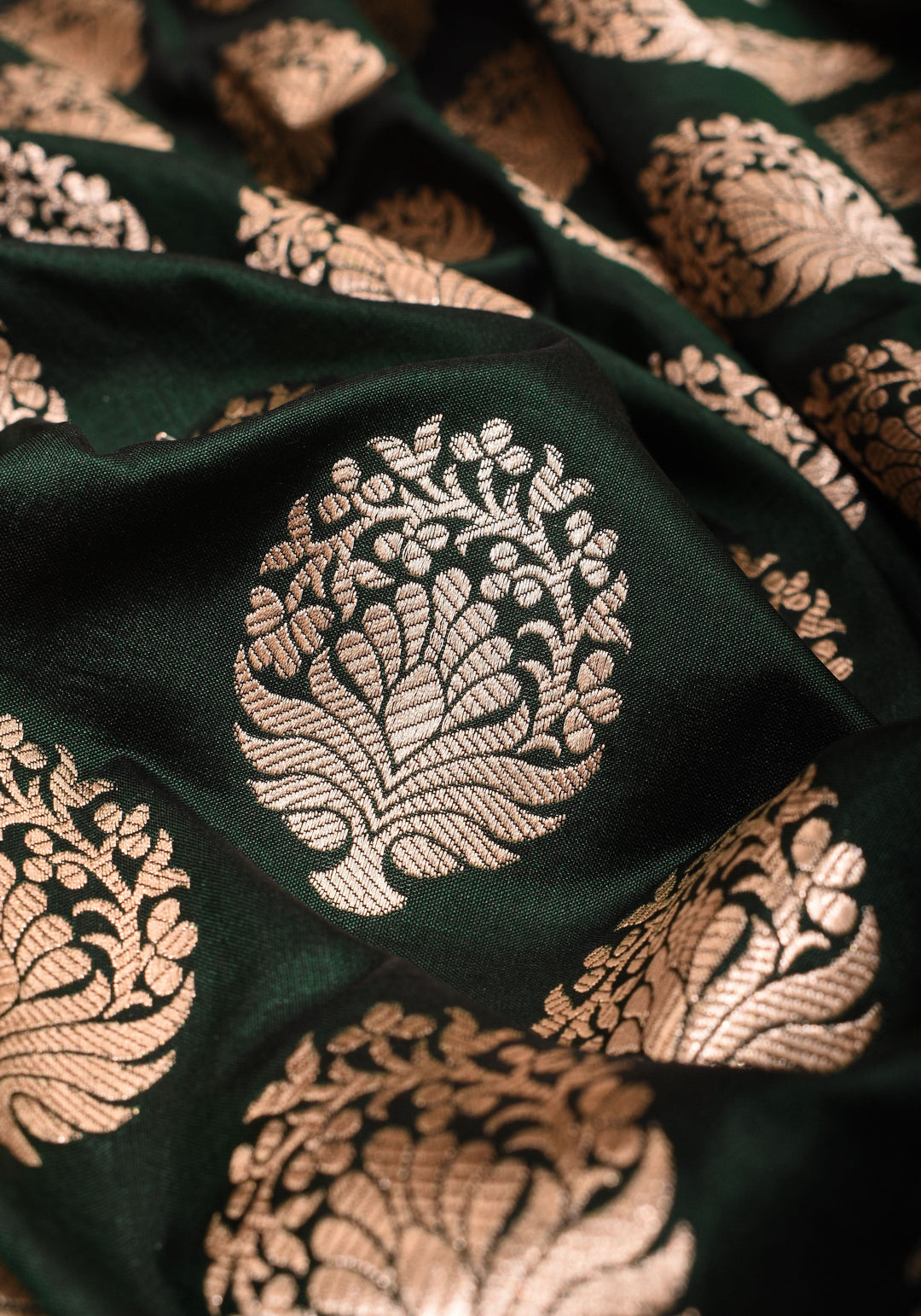 Forest Green Banarasi Katan Silk Saree with Floral Boutique inspired motifs and Zari Border | SILK MARK CERTIFIED
