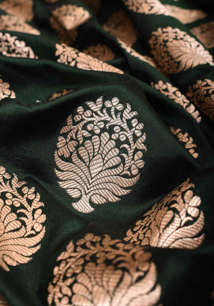 Forest Green Banarasi Katan Silk Saree with Floral Boutique inspired motifs and Zari Border | SILK MARK CERTIFIED