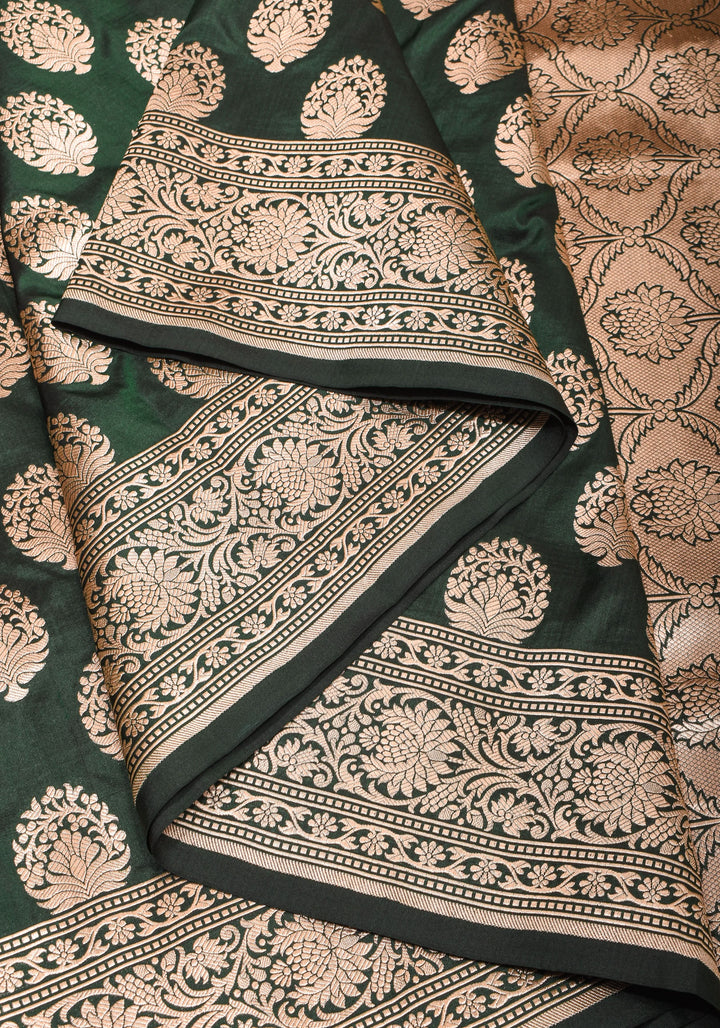 Forest Green Banarasi Katan Silk Saree with Floral Boutique inspired motifs and Zari Border | SILK MARK CERTIFIED