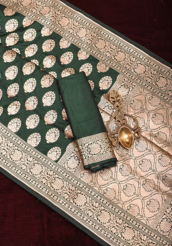 Forest Green Banarasi Katan Silk Saree with Floral Boutique inspired motifs and Zari Border | SILK MARK CERTIFIED