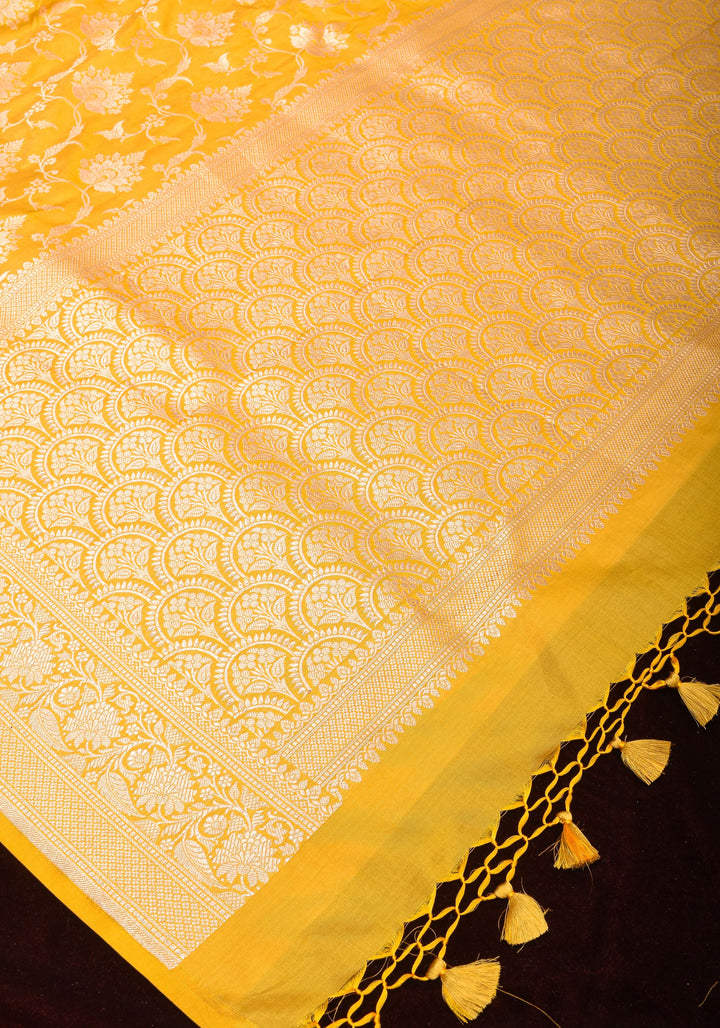 Exquisite Canary Yellow Banarasi Silk Saree with Jaal Pattern and zari border  | SILK MARK CERTIFIED