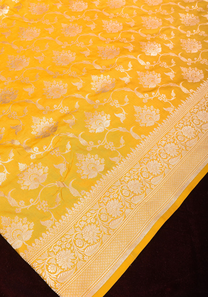 Exquisite Canary Yellow Banarasi Silk Saree with Jaal Pattern and zari border  | SILK MARK CERTIFIED
