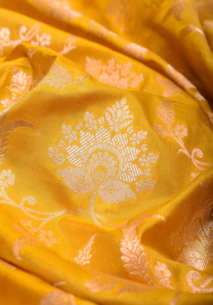 Exquisite Canary Yellow Banarasi Silk Saree with Jaal Pattern and zari border  | SILK MARK CERTIFIED