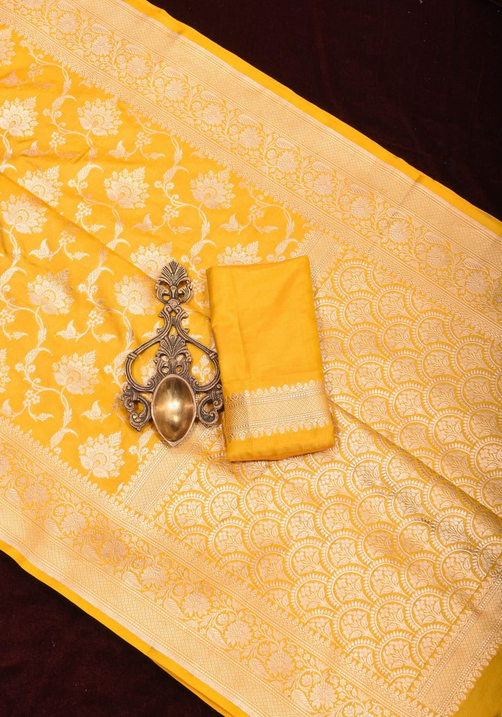 Exquisite Canary Yellow Banarasi Silk Saree with Jaal Pattern and zari border  | SILK MARK CERTIFIED