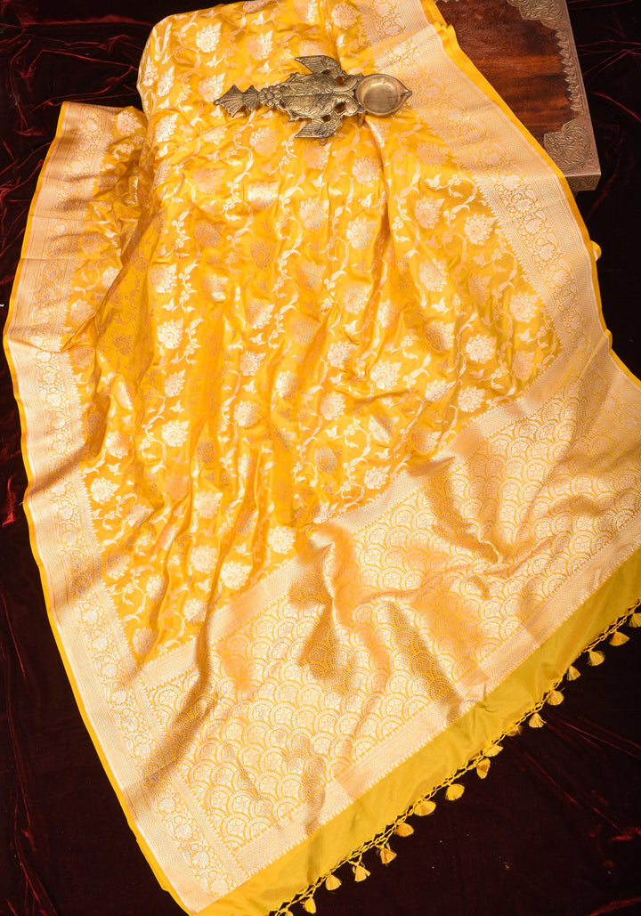 Exquisite Canary Yellow Banarasi Silk Saree with Jaal Pattern and zari border  | SILK MARK CERTIFIED