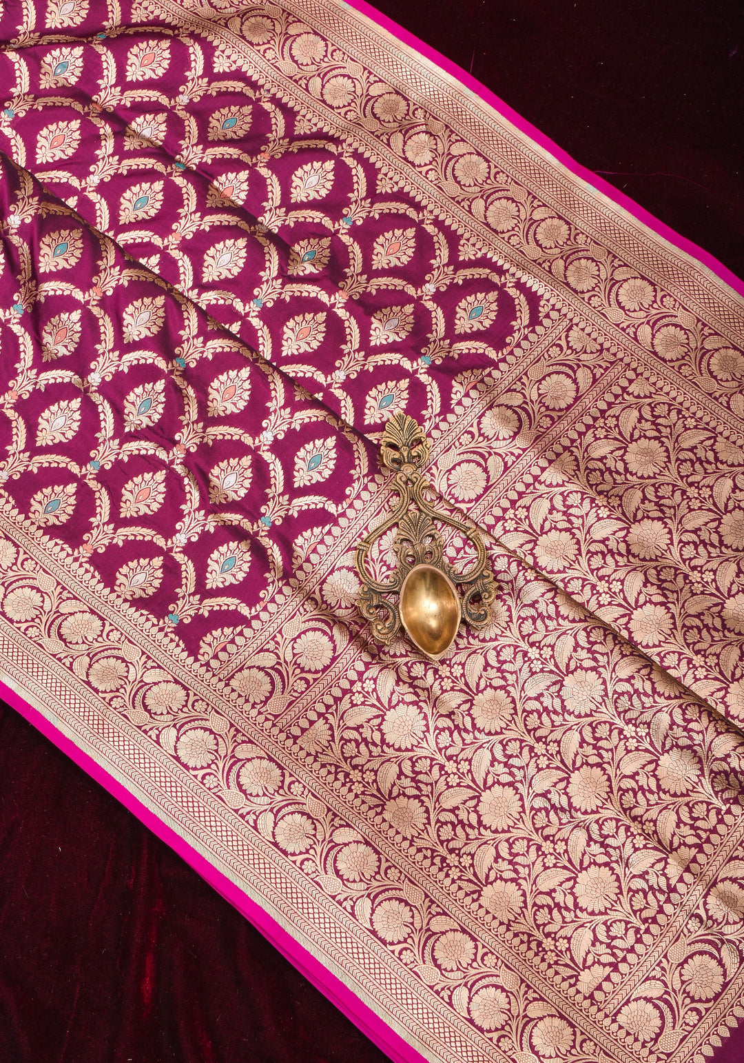 Exquisite Meenakari  Arches Jaal Banarasi Katan Silk Saree in Plum | SILK MARK CERTIFIED