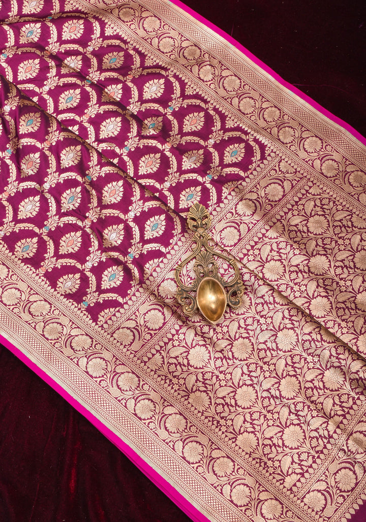 Exquisite Meenakari  Arches Jaal Banarasi Katan Silk Saree in Plum | SILK MARK CERTIFIED