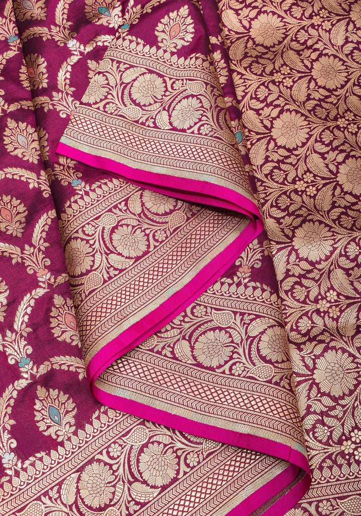 Exquisite Meenakari  Arches Jaal Banarasi Katan Silk Saree in Plum | SILK MARK CERTIFIED