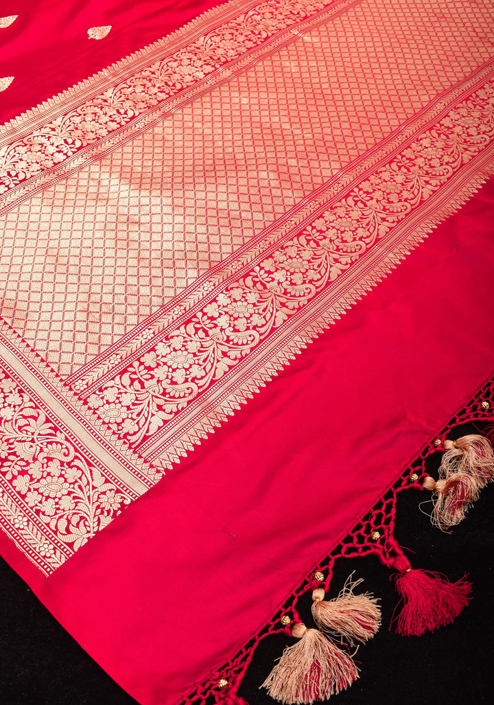 Red Banarasi Mashru Silk Saree with Damask Buttas and Zari Border | SILK MARK CERTIFIED