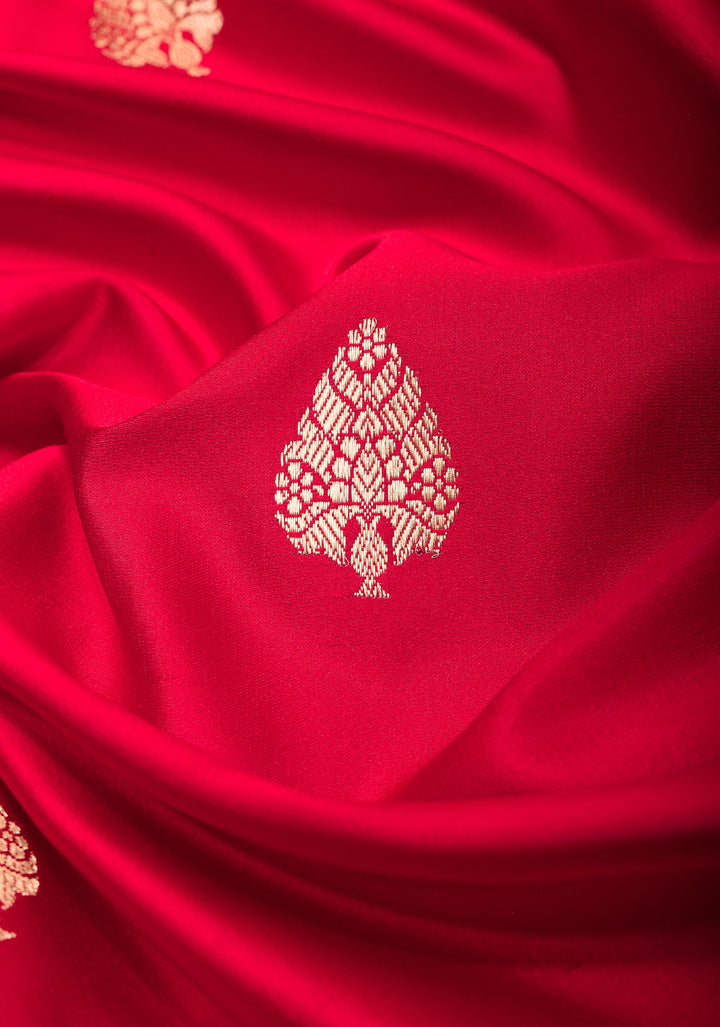 Red Banarasi Mashru Silk Saree with Damask Buttas and Zari Border | SILK MARK CERTIFIED