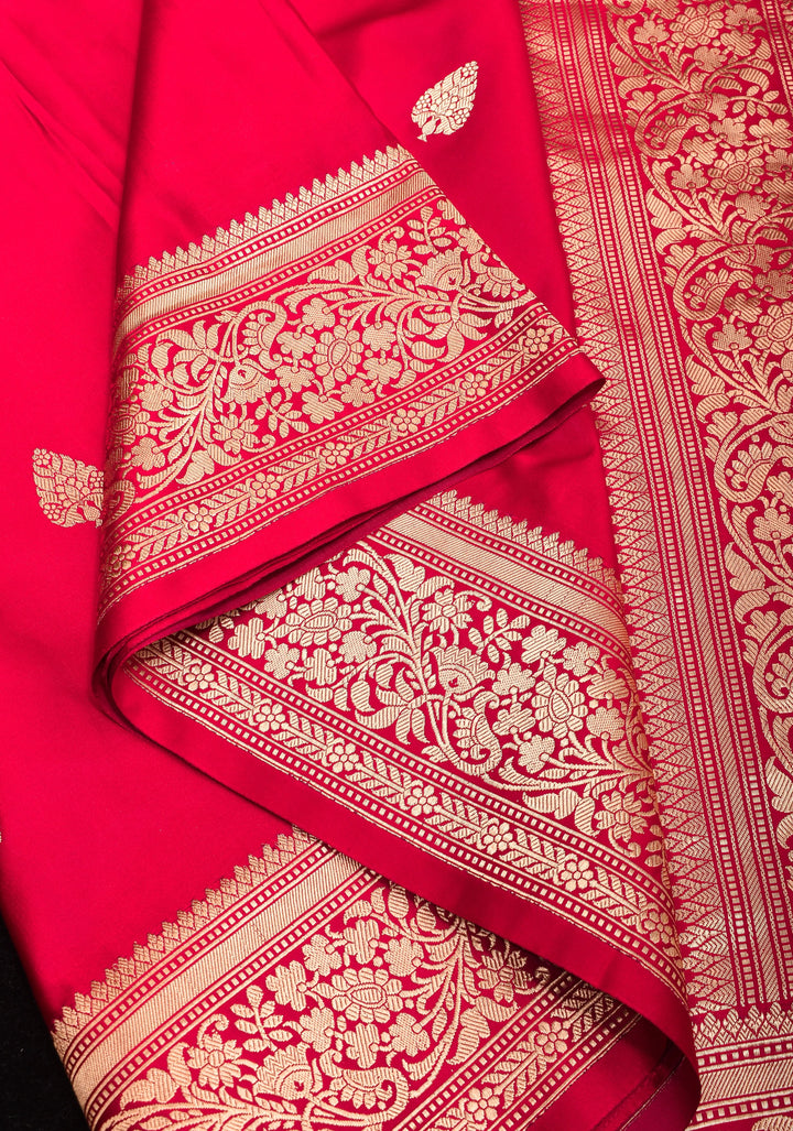 Red Banarasi Mashru Silk Saree with Damask Buttas and Zari Border | SILK MARK CERTIFIED