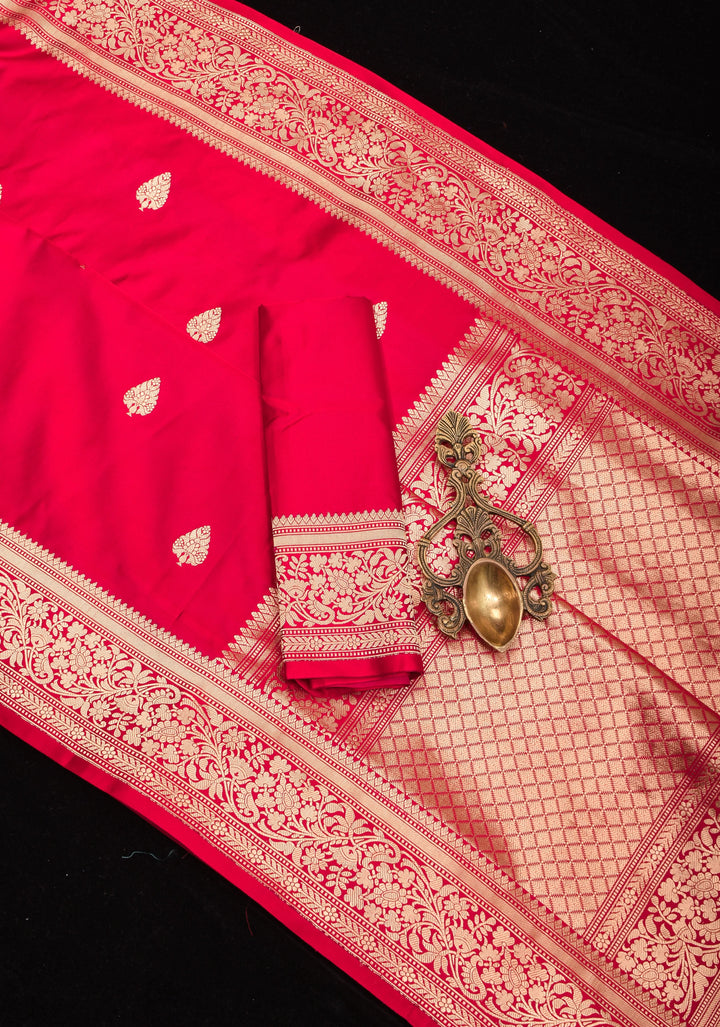 Red Banarasi Mashru Silk Saree with Damask Buttas and Zari Border | SILK MARK CERTIFIED
