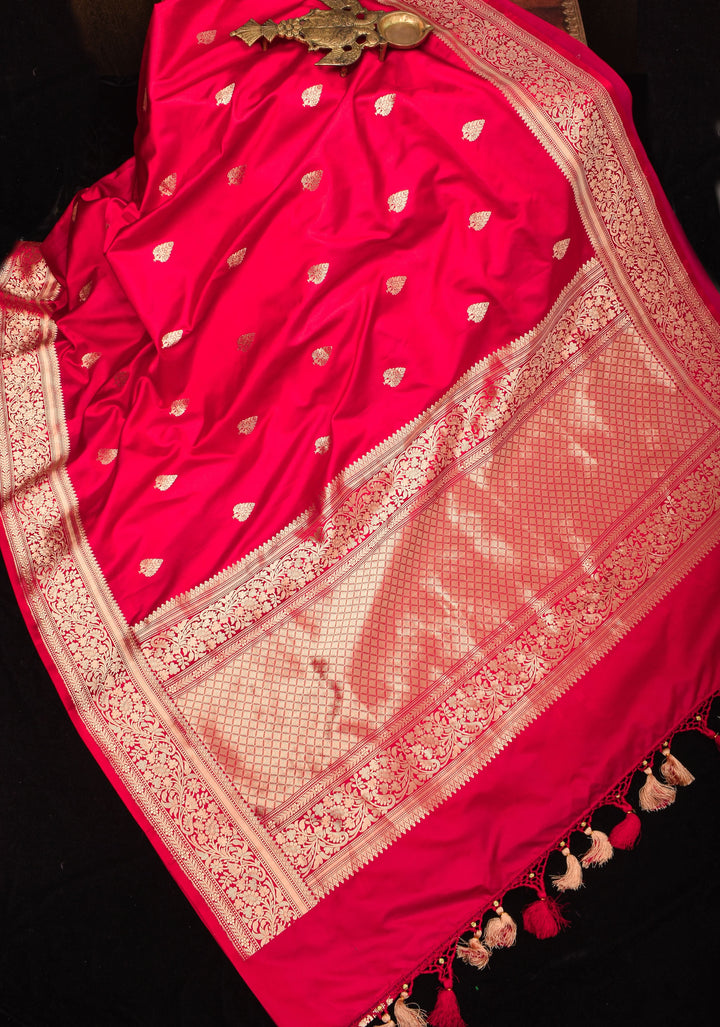 Red Banarasi Mashru Silk Saree with Damask Buttas and Zari Border | SILK MARK CERTIFIED