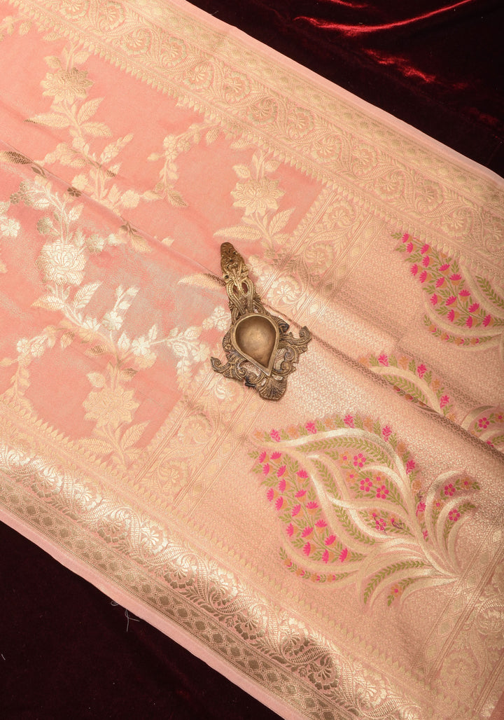 Blush Peach Tissue Semi silk saree with leheria Zari Floral vine pattern