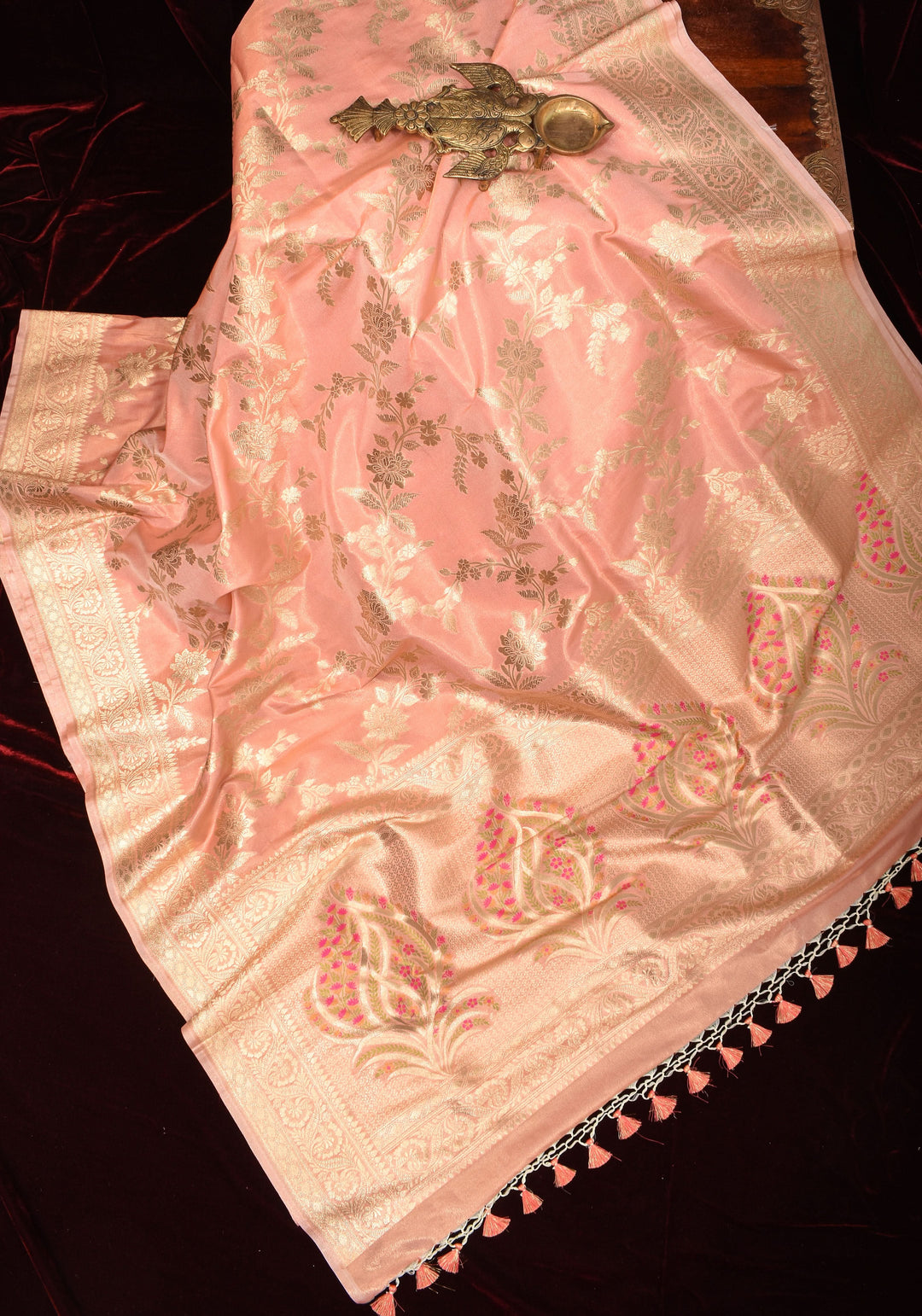 Blush Peach Tissue Semi silk saree with leheria Zari Floral vine pattern