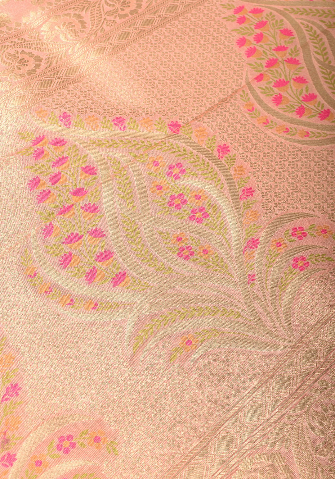 Blush Peach Tissue Semi silk saree with leheria Zari Floral vine pattern