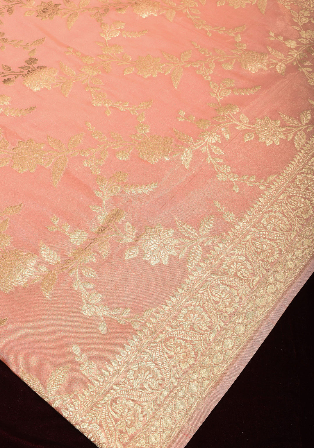 Blush Peach Tissue Semi silk saree with leheria Zari Floral vine pattern