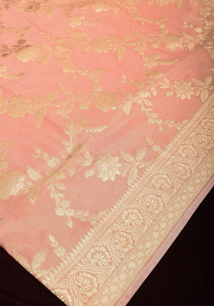 Blush Peach Tissue Semi silk saree with leheria Zari Floral vine pattern