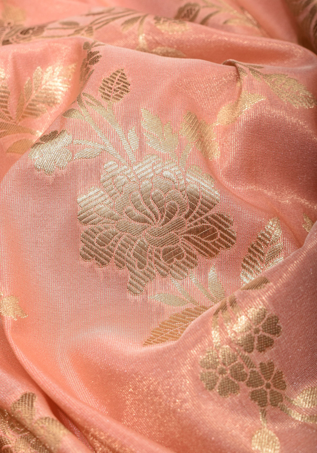 Blush Peach Tissue Semi silk saree with leheria Zari Floral vine pattern