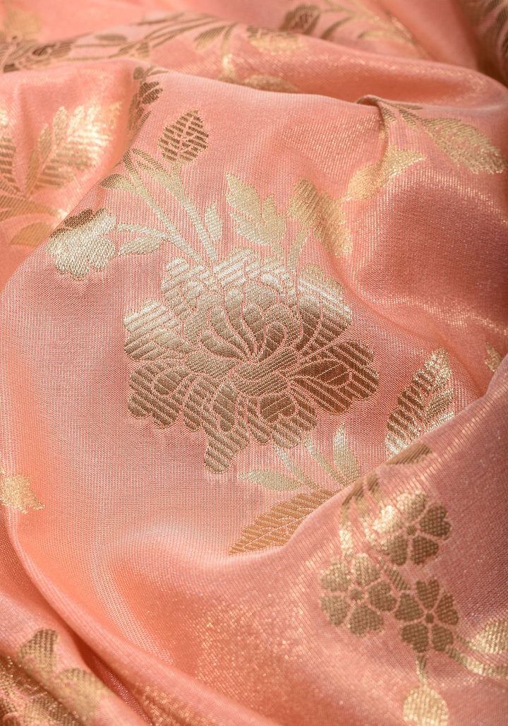 Blush Peach Tissue Semi silk saree with leheria Zari Floral vine pattern