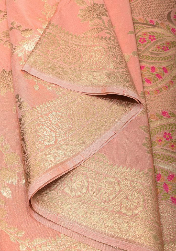 Blush Peach Tissue Semi silk saree with leheria Zari Floral vine pattern