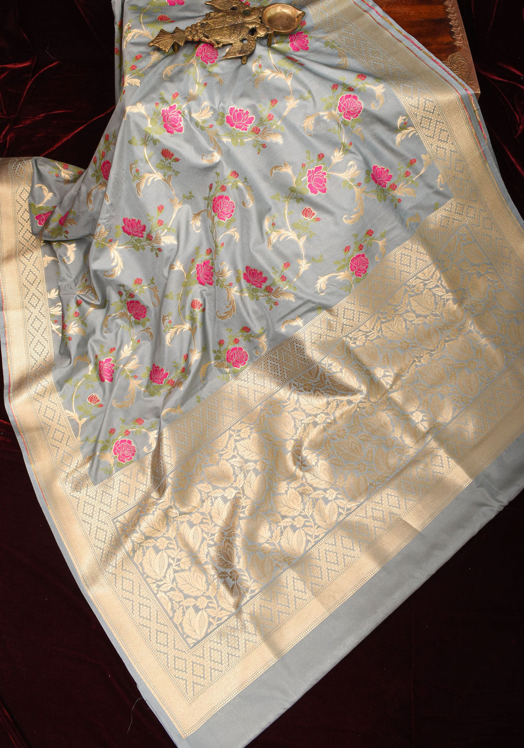 Gray tone Exquisite Meenakari Rose Jaal Semi Silk Saree and zari border