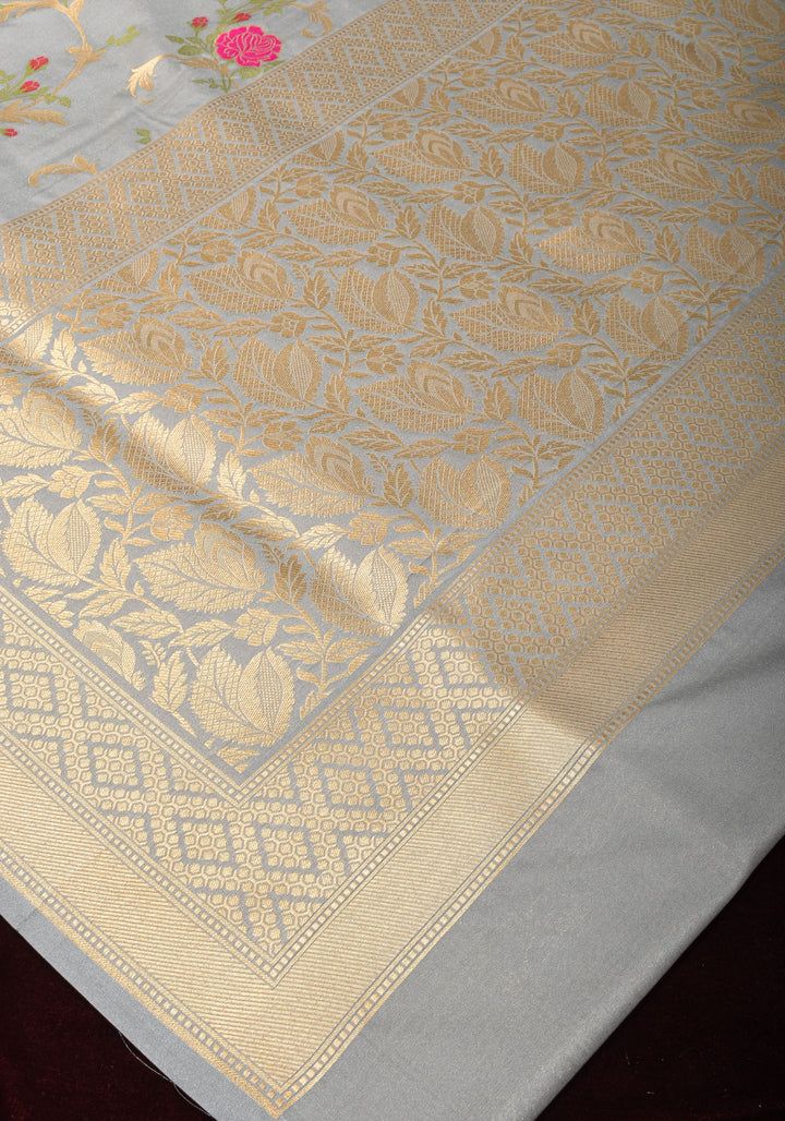Gray tone Exquisite Meenakari Rose Jaal Semi Silk Saree and zari border