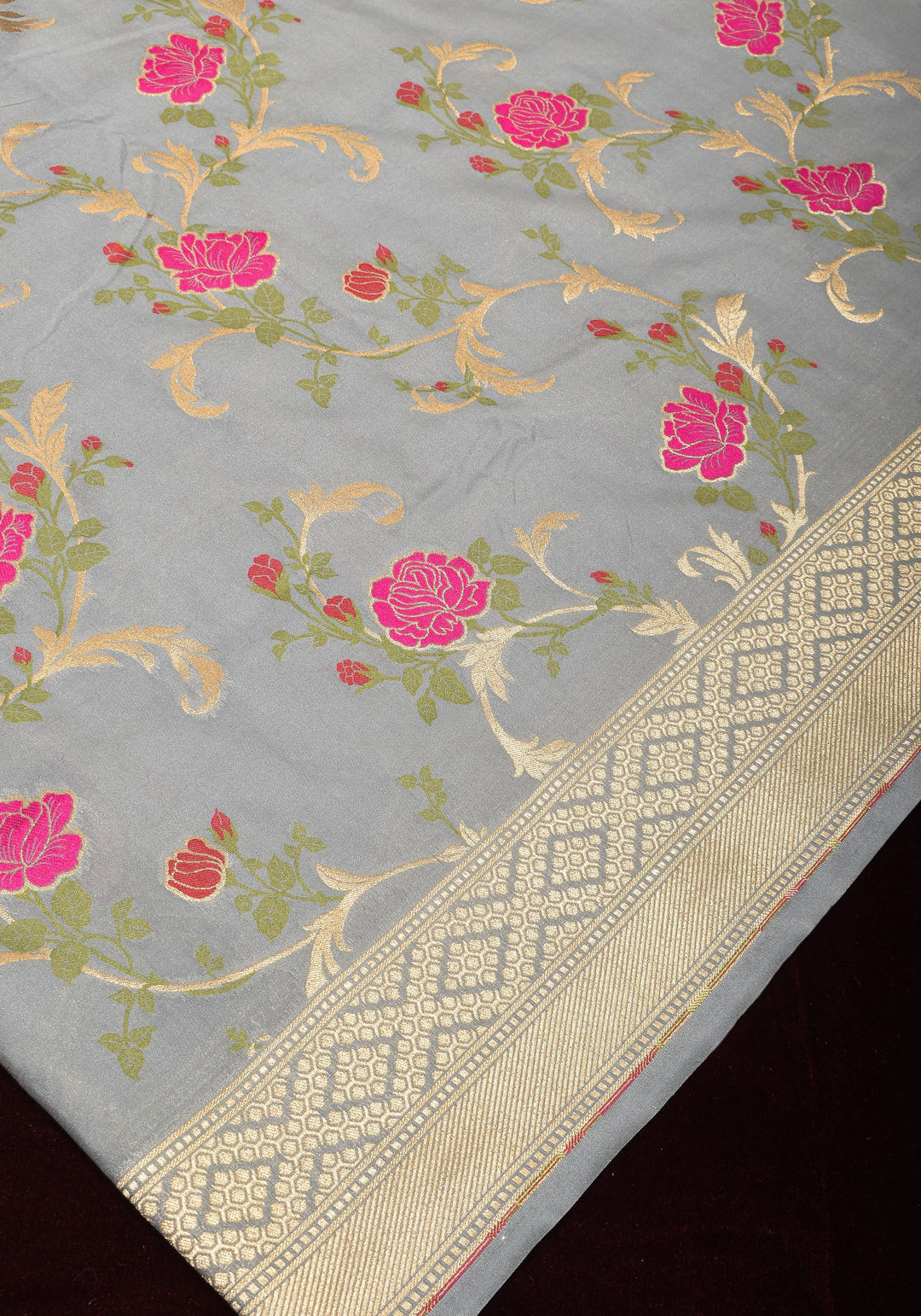 Gray tone Exquisite Meenakari Rose Jaal Semi Silk Saree and zari border