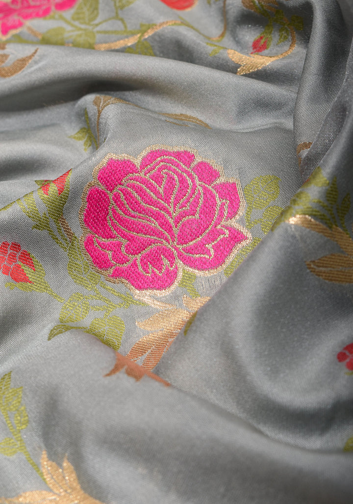 Gray tone Exquisite Meenakari Rose Jaal Semi Silk Saree and zari border