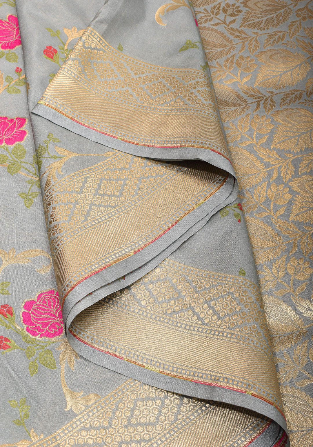 Gray tone Exquisite Meenakari Rose Jaal Semi Silk Saree and zari border