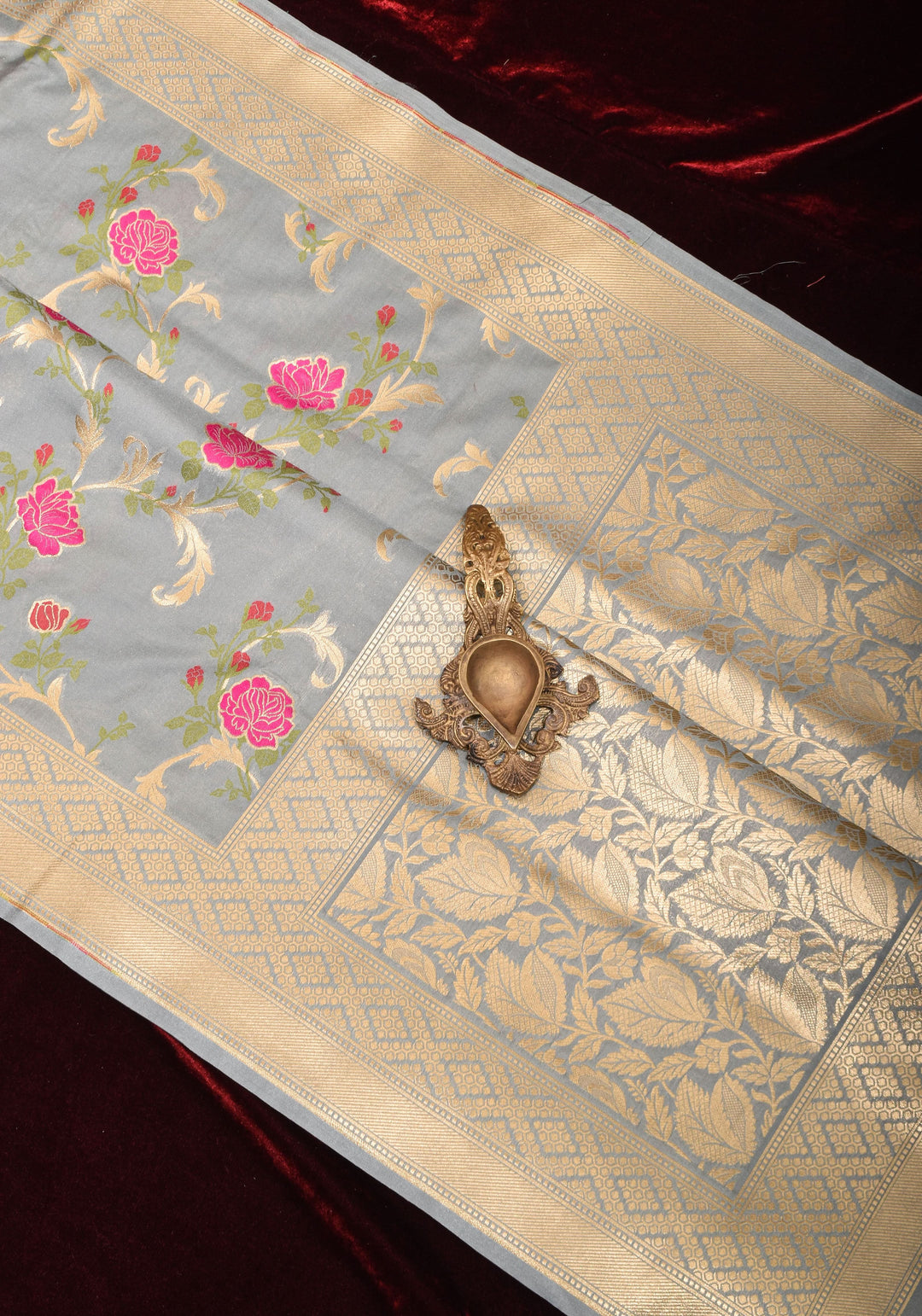Gray tone Exquisite Meenakari Rose Jaal Semi Silk Saree and zari border
