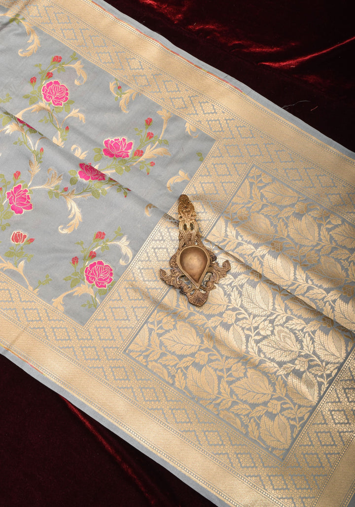 Gray tone Exquisite Meenakari Rose Jaal Semi Silk Saree and zari border