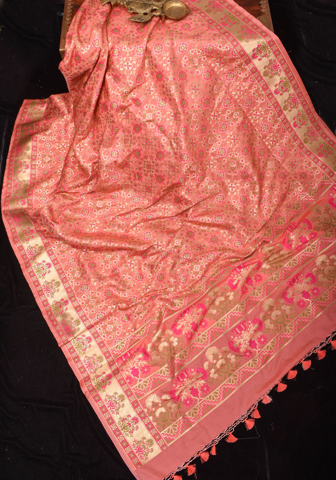 Exquisite Coral Pink Semi Silk Saree with Patola Ikkat Meenakari Zari Border and Pallu