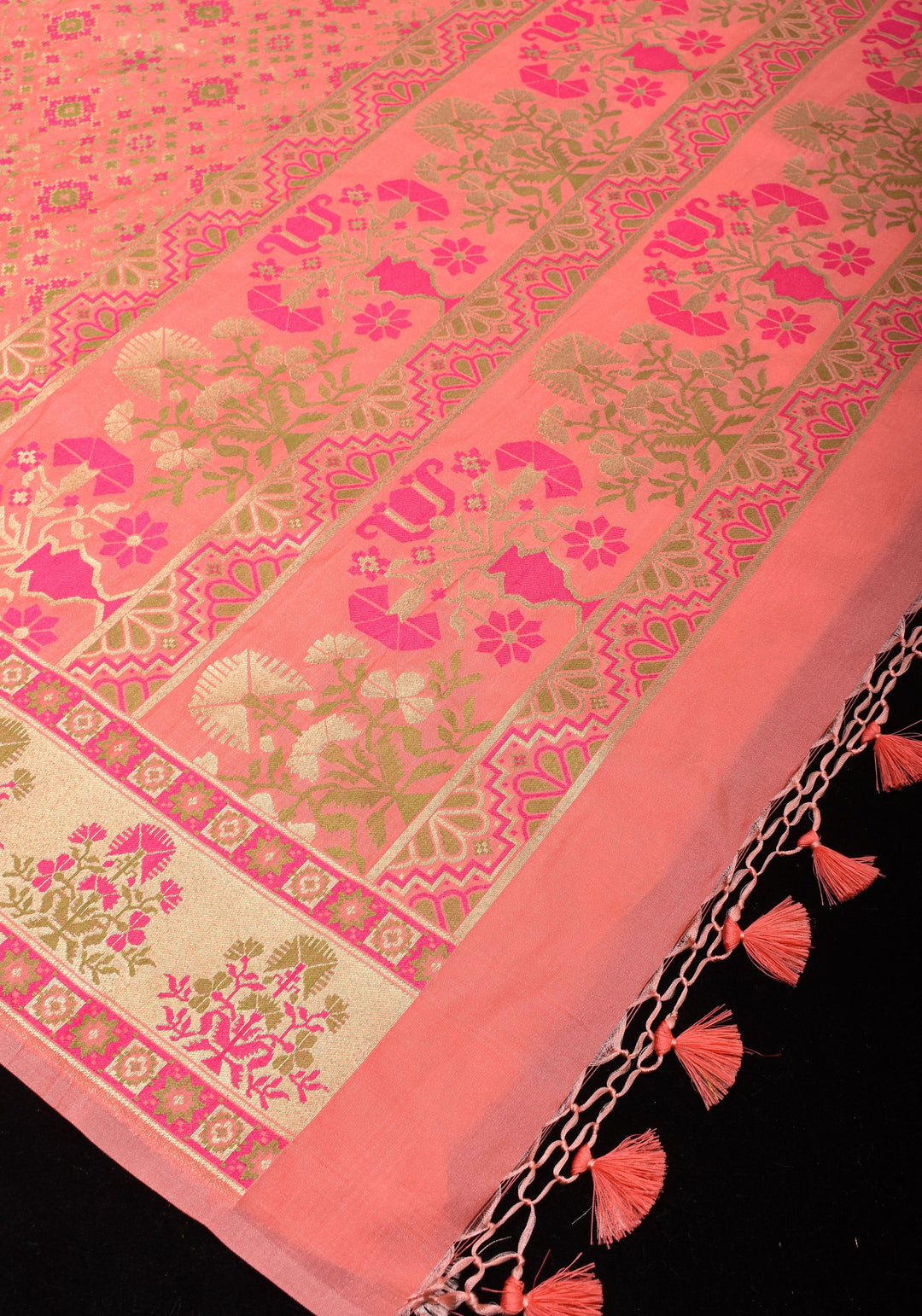 Exquisite Coral Pink Semi Silk Saree with Patola Ikkat Meenakari Zari Border and Pallu