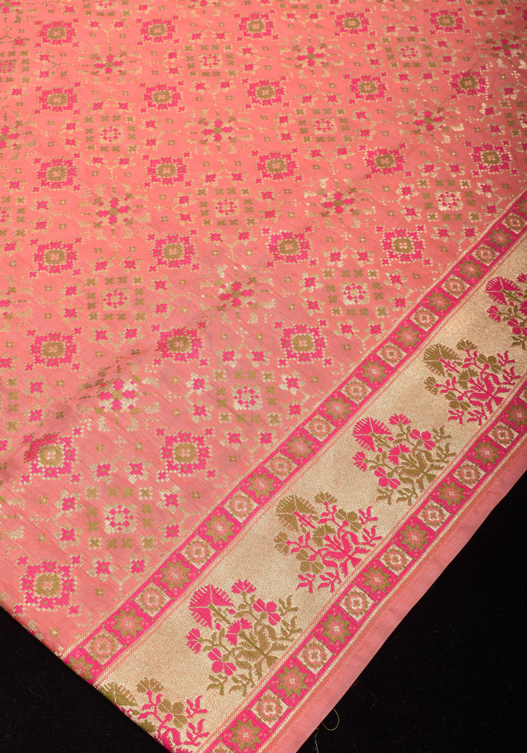 Exquisite Coral Pink Semi Silk Saree with Patola Ikkat Meenakari Zari Border and Pallu