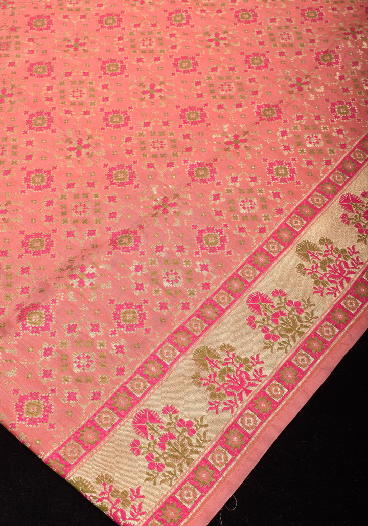 Exquisite Coral Pink Semi Silk Saree with Patola Ikkat Meenakari Zari Border and Pallu