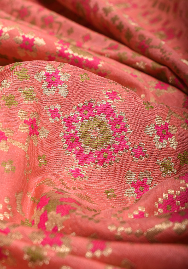Exquisite Coral Pink Semi Silk Saree with Patola Ikkat Meenakari Zari Border and Pallu
