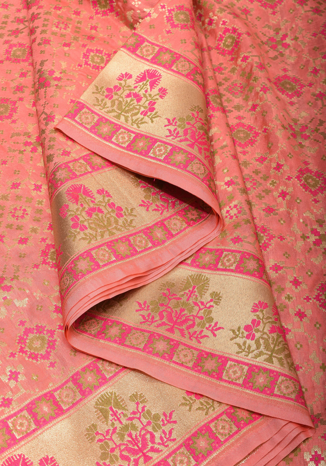 Exquisite Coral Pink Semi Silk Saree with Patola Ikkat Meenakari Zari Border and Pallu
